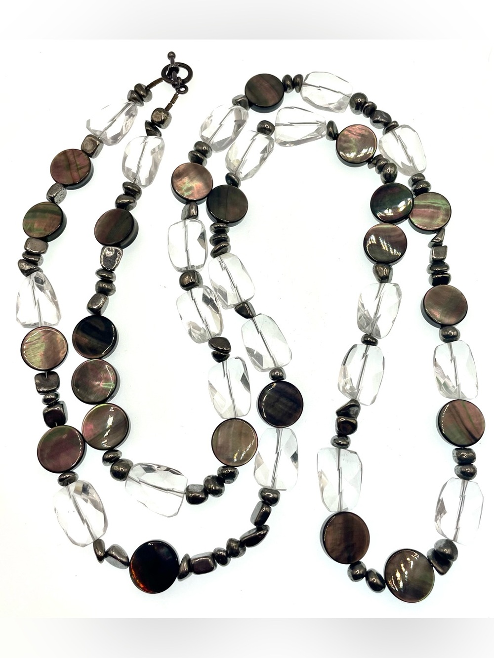 Vintage 1990s Artisan Abalone Glass & Hematite Long Beaded Necklace